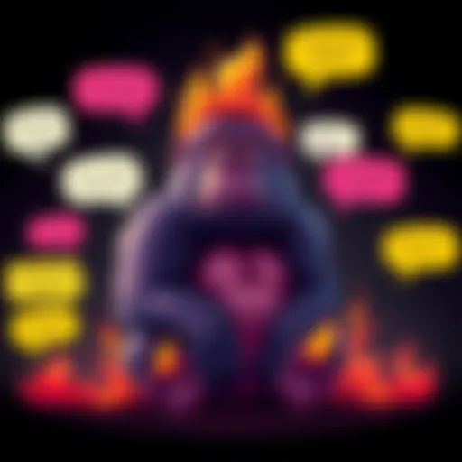 A cartoon flaming gorilla sitting calmly with a playful expression, surrounded by humorous debate quotes in speech bubbles.