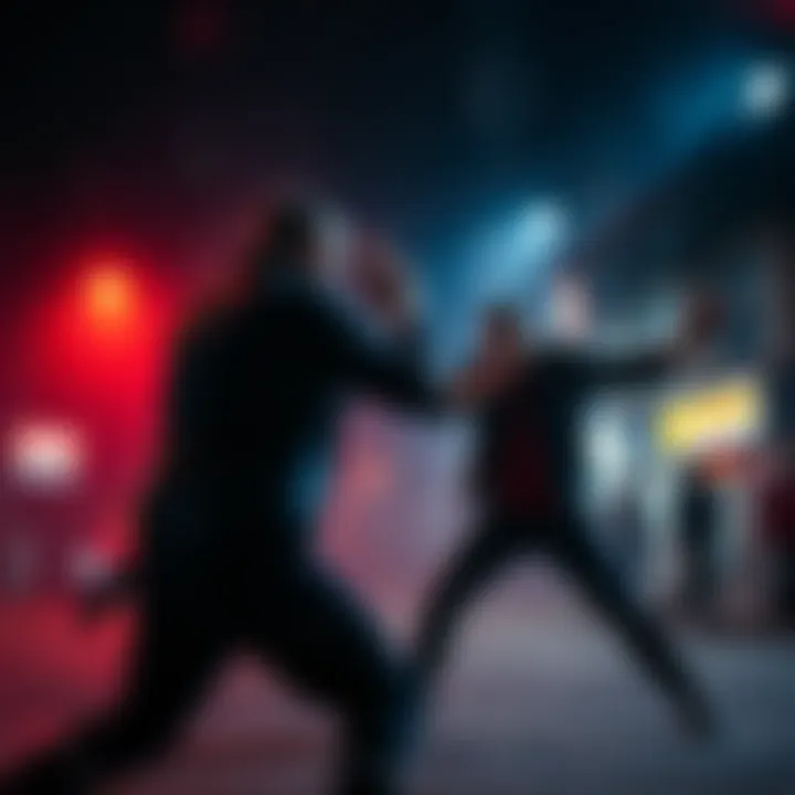 A tense fight scene in a flashback, featuring two characters engaged in combat in a dramatic setting.