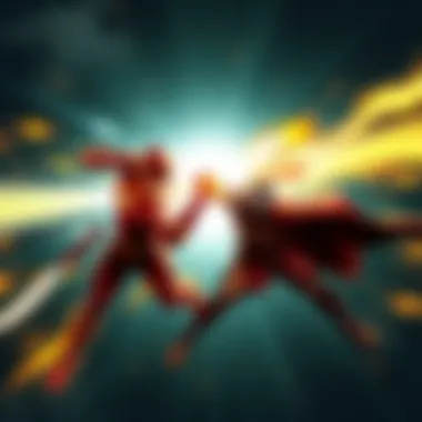 Flashy Flash and Atomic Samurai face off in a dramatic showdown, showcasing their incredible speed and attack skills.