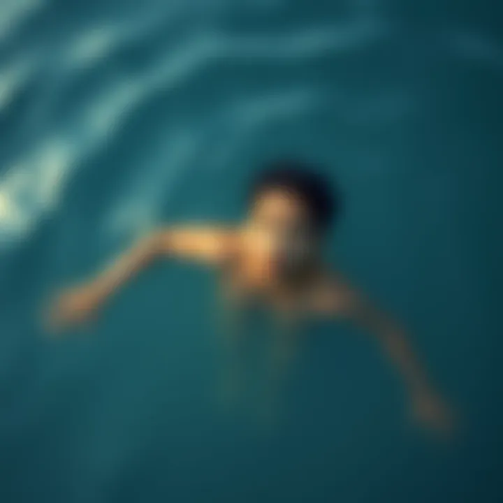 A person with a surprised expression floating in calm water, surrounded by soft waves