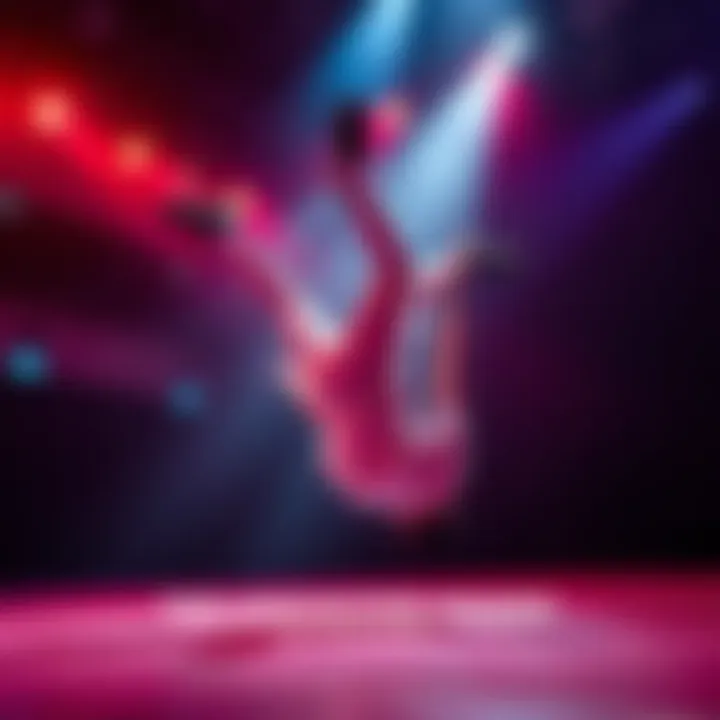 A performer falls unexpectedly on a stage, drawing the attention of the audience with a surprising moment.