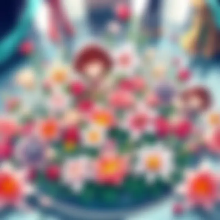 Characters in KaguRai Chapter 46 celebrate a floral tribute surrounded by various flowers, each symbolizing their personal connections and emotions.