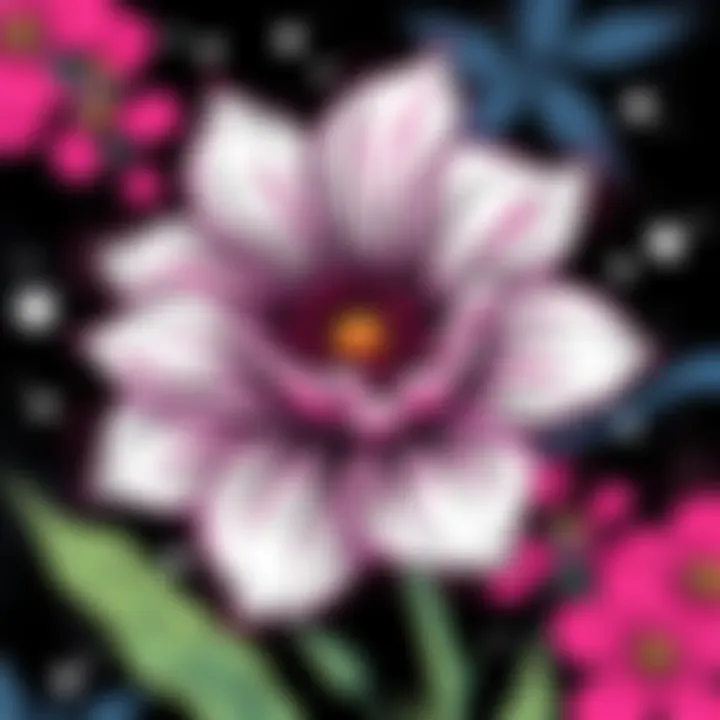 A comic page featuring a beautifully illustrated flower created with ink and white acrylic.