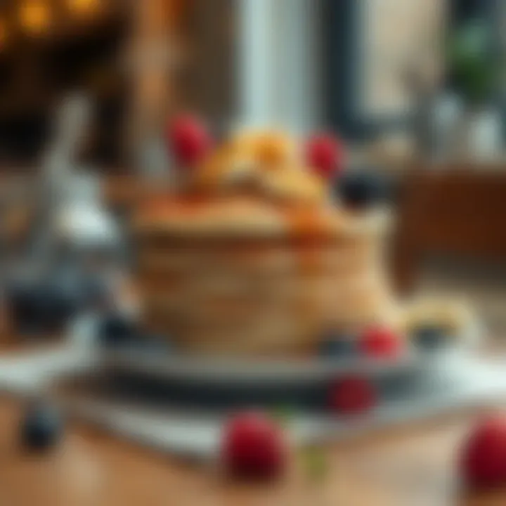 A stack of fluffy pancakes topped with syrup and berries on a breakfast table