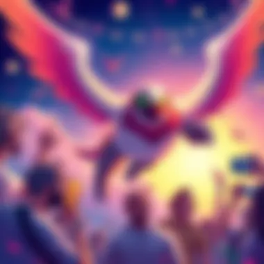 A colorful illustration of fans voting for the next flying character with Aldebaran in the background.