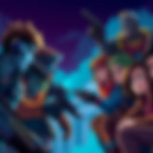 A group of diverse characters strategizing for a mission, showing teamwork and determination without the blue characters.