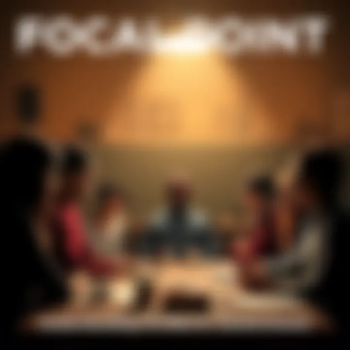 A group of diverse people gathered around a table, discussing ideas with a central light shining above, symbolizing focus and communication.