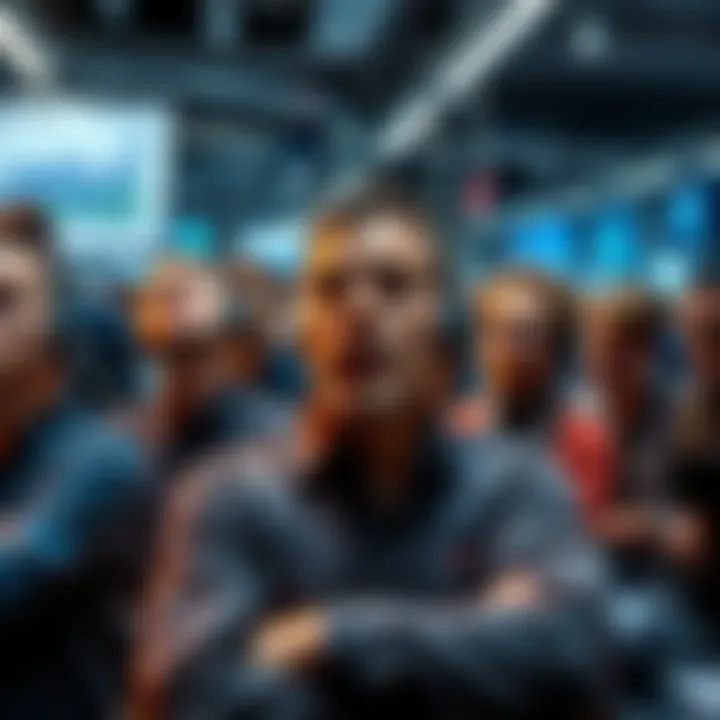 Follo Operations Challenges A team of workers struggling to manage increasing demands in a busy office setting, with charts showing growth and stress on their faces.