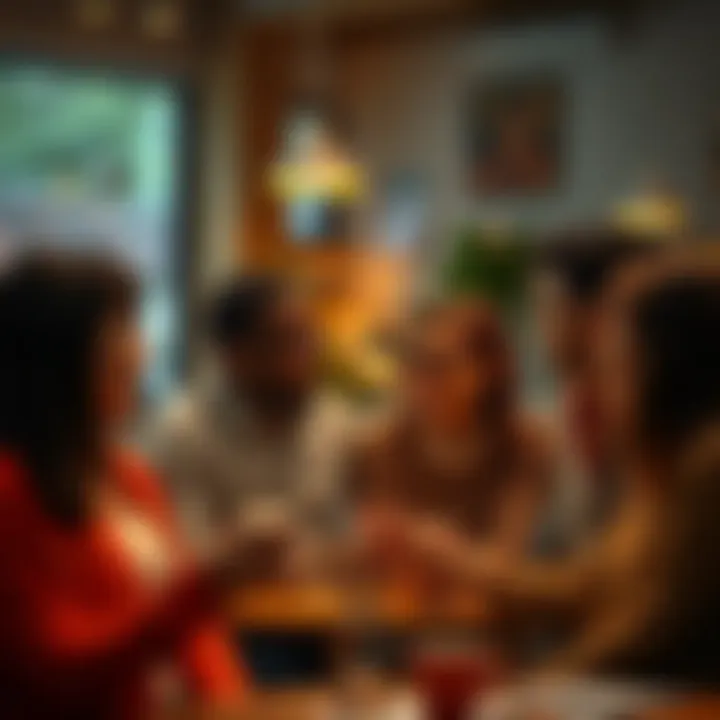 A group of people engaging in a discussion thread, sharing thoughts and connections, with a warm and friendly atmosphere.