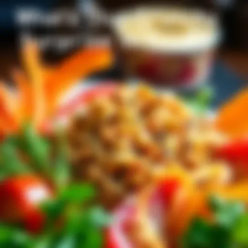 A close-up of a plate showing food with unexpected crunchy bits, like nuts or fried onions, surrounded by colorful vegetables