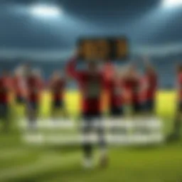 A group of football players celebrating a victory on the field, with one player holding a scoreboard showing a dominant score