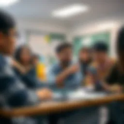 A diverse group of foreign students engaged in a classroom discussion, showcasing a collaborative learning environment