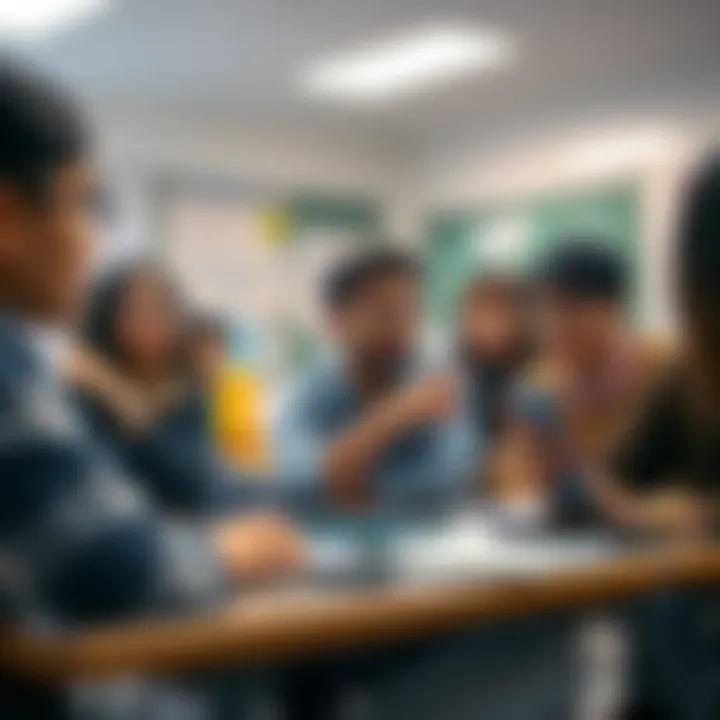 A diverse group of foreign students engaged in a classroom discussion, showcasing a collaborative learning environment
