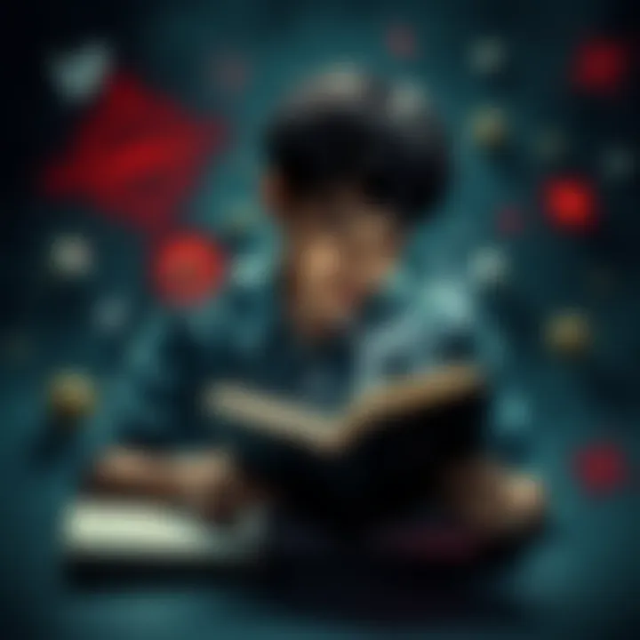 A person reading a book with symbols and hints floating around, illustrating foreshadowing elements in stories.