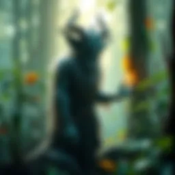 A mystical forest spirit surrounded by trees and plants, representing folklore and nature