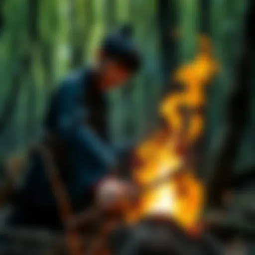 A person touching wood to create a sword with natural materials in a forest setting