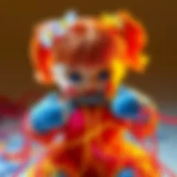 A colorful doll named Forget-Me-Not using scissor-like hands to cut colorful strings representing unhealthy attachments.
