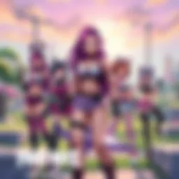 Art showing various popular anime waifus envisioned in the Fortnite style, featuring colorful outfits and dynamic poses, surrounded by the game's iconic environment.