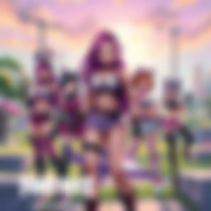 Art showing various popular anime waifus envisioned in the Fortnite style, featuring colorful outfits and dynamic poses, surrounded by the game's iconic environment.