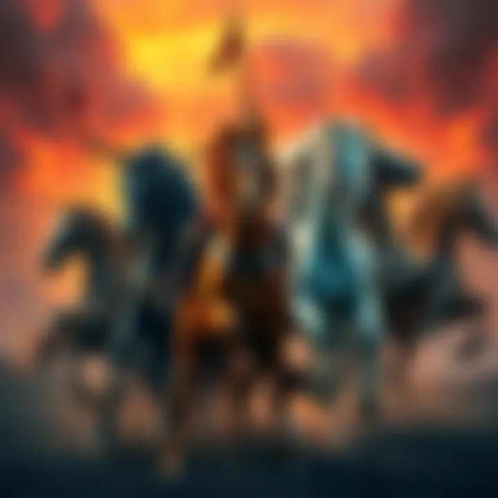 Artistic representation of the Four Horsemen symbolizing conquest, war, famine, and death, riding horses of different colors