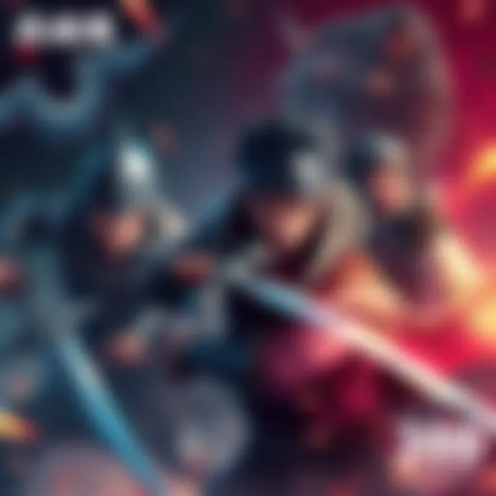 A tense moment featuring the main characters in battle, showcasing fierce expressions and dramatic poses.
