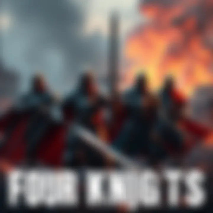 Four knights prepare for an intense battle, showcasing their armor and weapons. The backdrop is a tense battlefield filled with smoke and chaos.