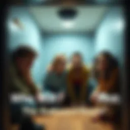 Four individuals with different expressions, humor and tension in a small room, wondering who will escape first