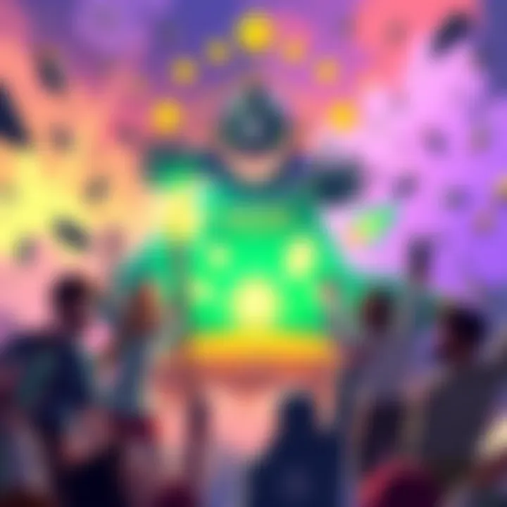 A vibrant illustration showcasing a new 4-star character with enhanced abilities and a glowing aura, surrounded by excited players strategizing around it.