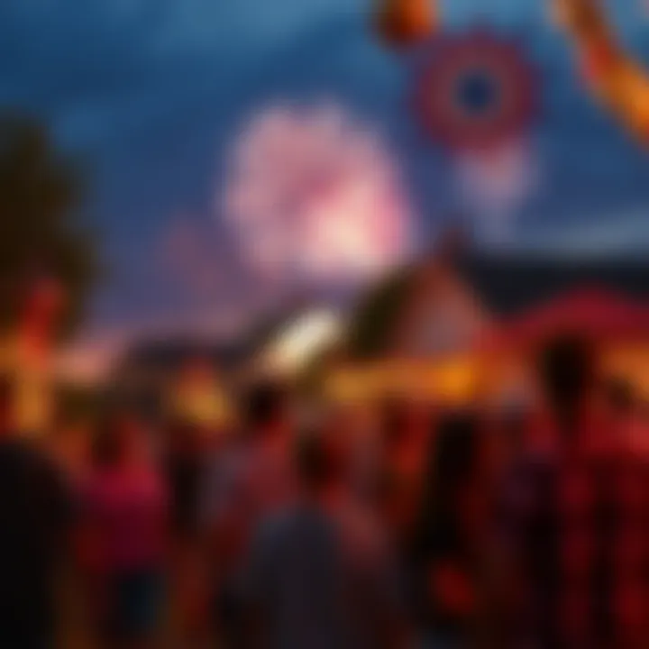 People enjoying a neighborhood Fourth of July celebration with fireworks in the background and a festive atmosphere.