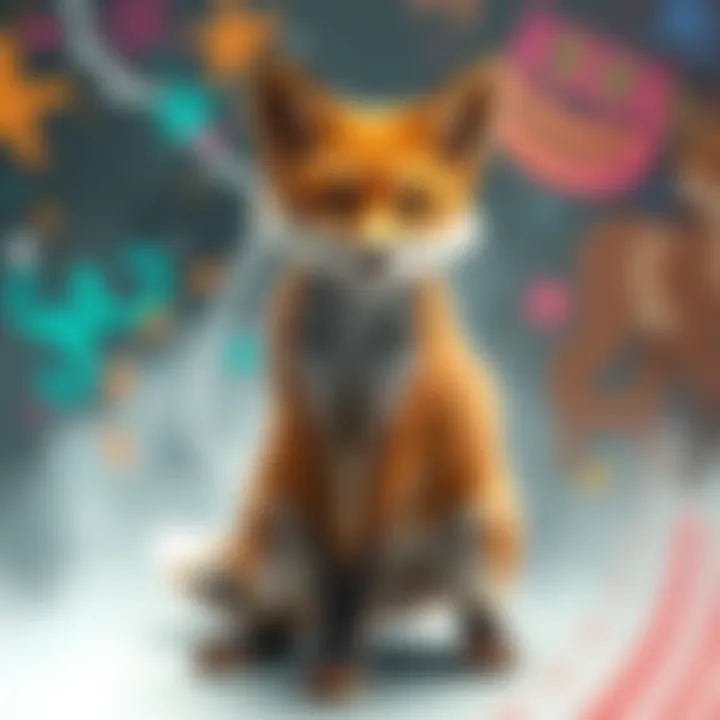 A fox girl playfully trying to pose like a cat, balancing on all fours with a mischievous expression, surrounded by a colorful art backdrop.