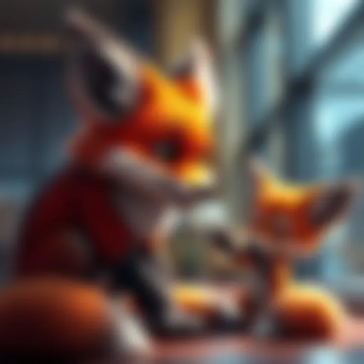 A charming foxy character with vibrant fur, playfully interacting in a modern story setting, captivating the audience's attention.