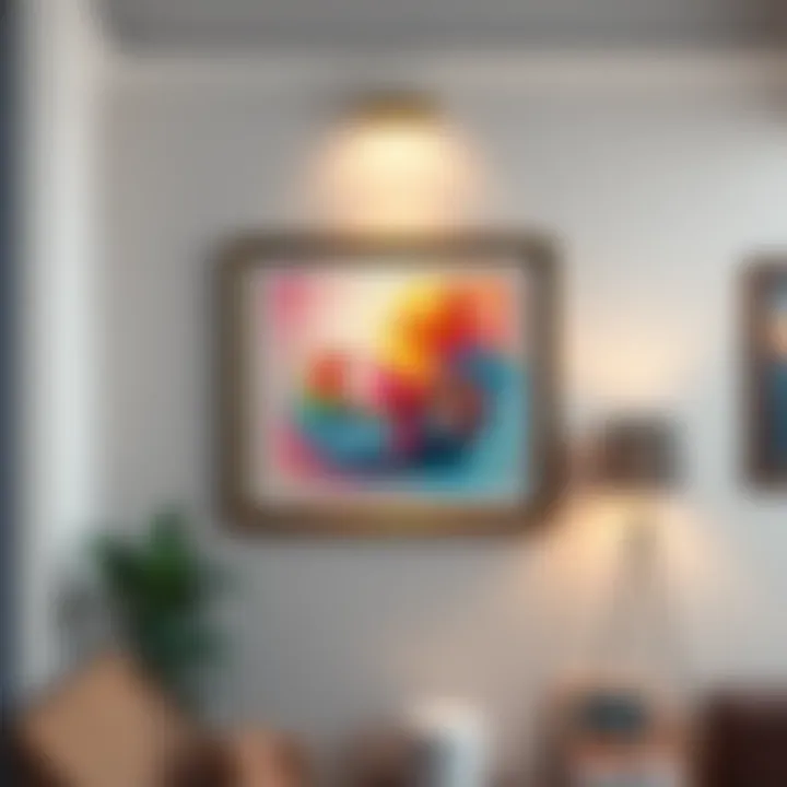 Framed Artwork on Wall A beautifully framed painting hanging on a wall, enhancing the room's decor.