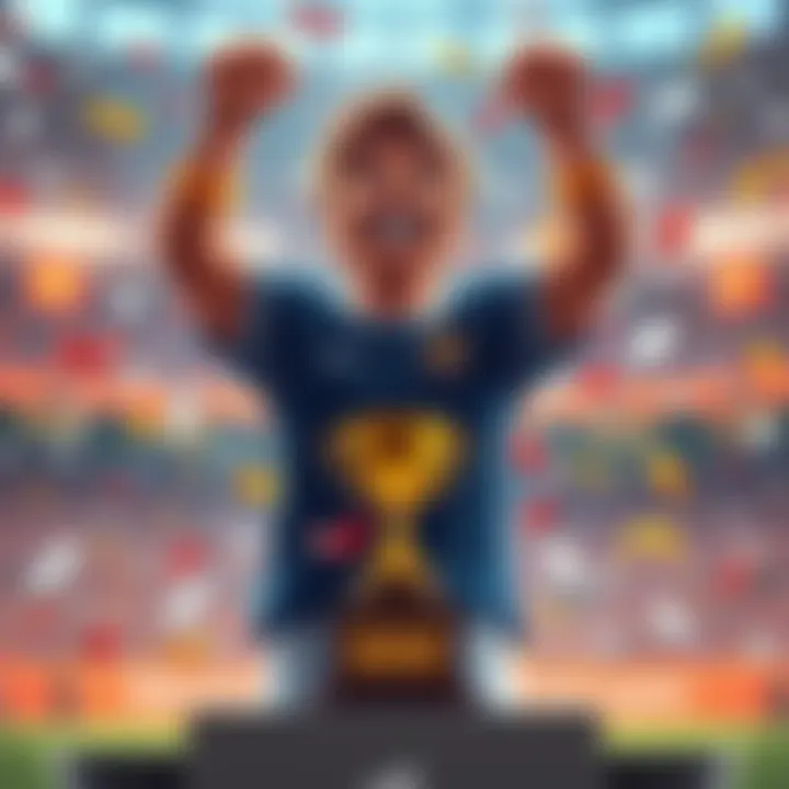 Franky stands on a podium with a trophy, smiling broadly. Confetti falls around him as he celebrates his latest win, showing a sense of pride and achievement.