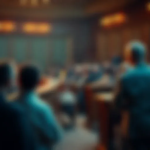 Fraud Investigation Scene A crowded courtroom with concerned people listening to testimonies about a fraud case. Lawyers are presenting evidence, and a judge observes.