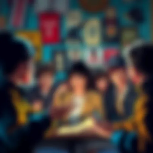 A group of concerned fans discussing the fallout from a major fraud case related to their favorite series, with shocked expressions and a backdrop of series memorabilia.