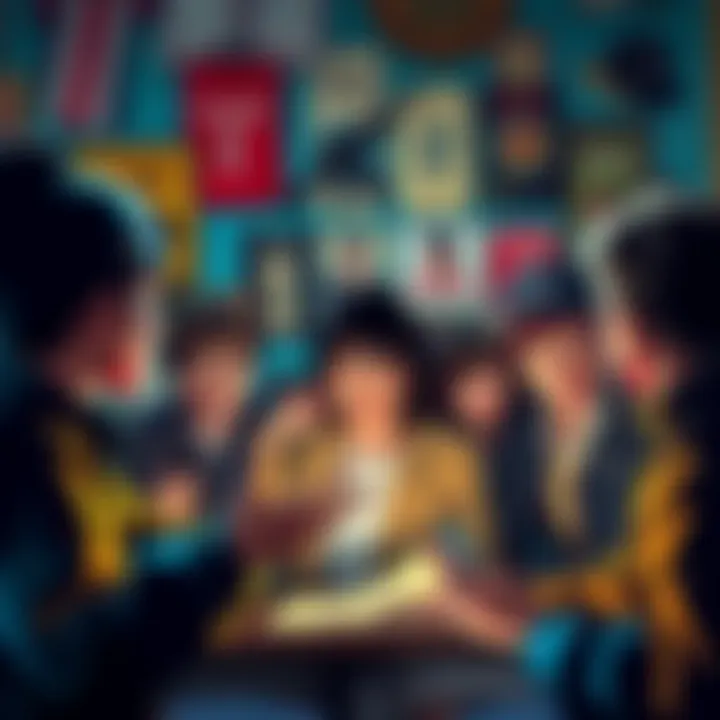 A group of concerned fans discussing the fallout from a major fraud case related to their favorite series, with shocked expressions and a backdrop of series memorabilia.