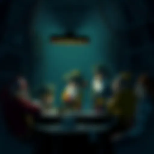 A group of pirate-themed characters discussing their strategies in a dimly lit room, looking concerned about upcoming challenges.