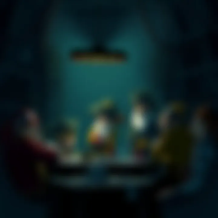 A group of pirate-themed characters discussing their strategies in a dimly lit room, looking concerned about upcoming challenges.