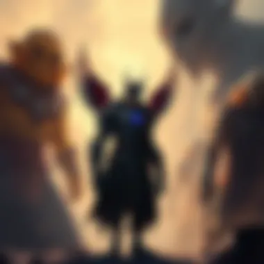 A character representing Fraudhawk stands in a shadow, overshadowed by larger figures like Rocks and Imu, illustrating his struggle for recognition.