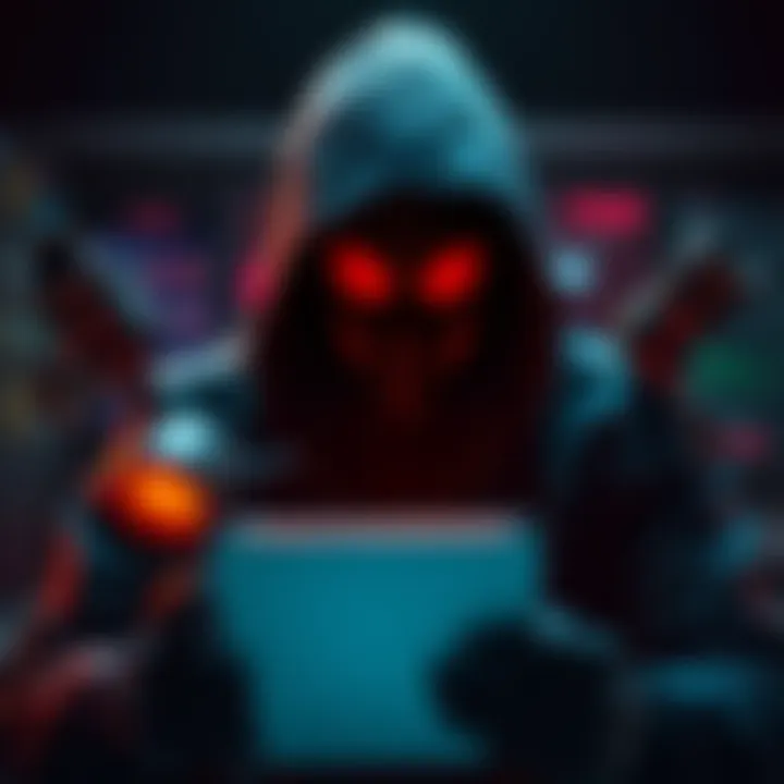 A figure representing Fraudin appears shady with deceptive tools around him, illustrating his fraudulent tactics in the hax world.