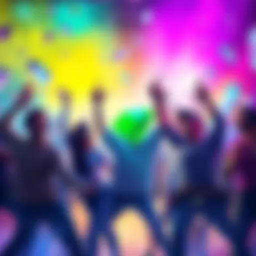 Group of gamers celebrating after reaching 42000 crystals, showing excitement and camaraderie in a vibrant setting.