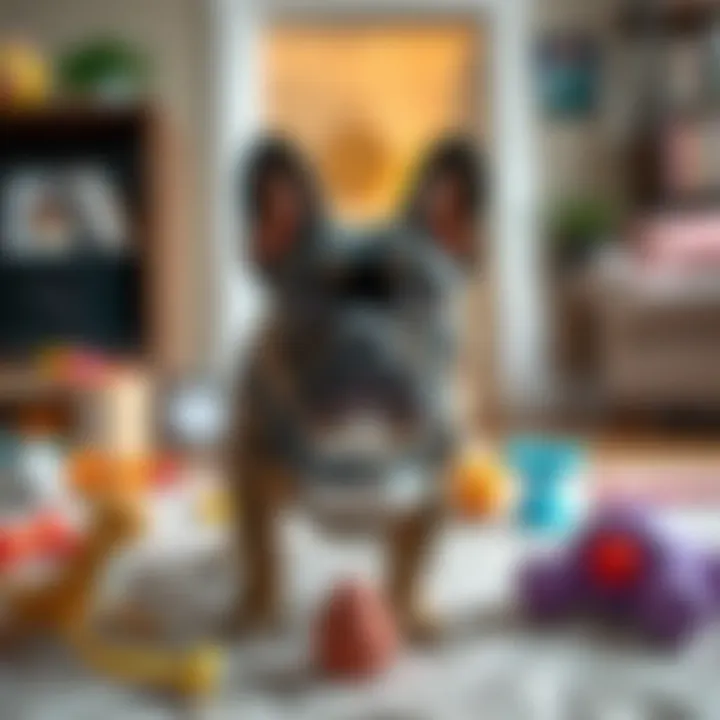 A French Bulldog looking curiously around a living room while locked indoors, with toys scattered around.