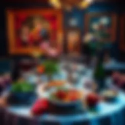 A vibrant table set with French dishes and classic art pieces in the background