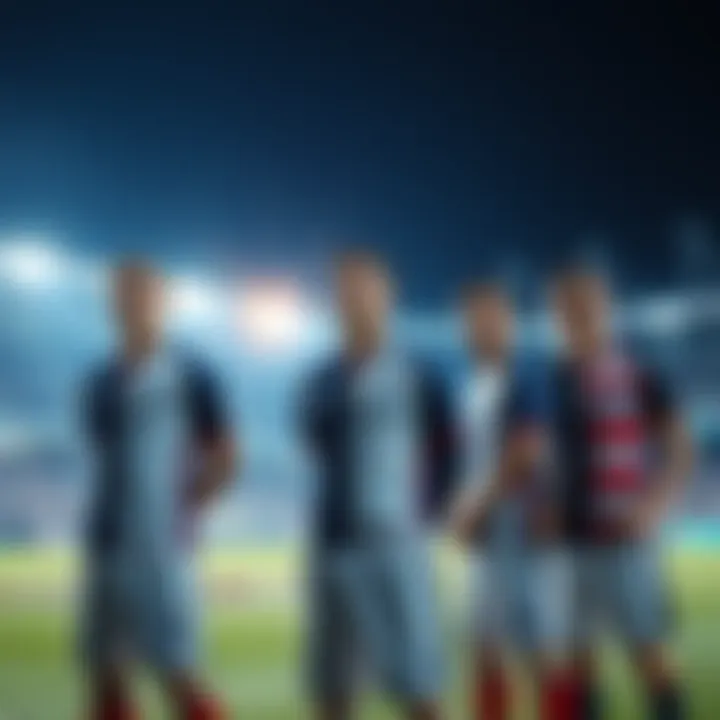 Several French soccer players stand outside a stadium, looking disappointed about missing the Neo Egoist League, with their club jerseys visible