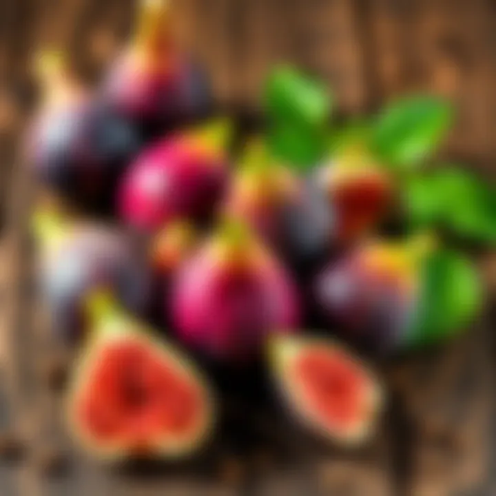 A selection of fresh figs displayed on a rustic wooden table.