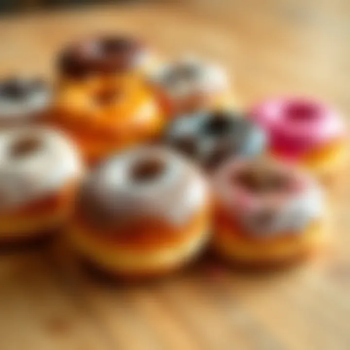 A variety of freshly made donuts with different glazes and toppings arranged on a wooden table