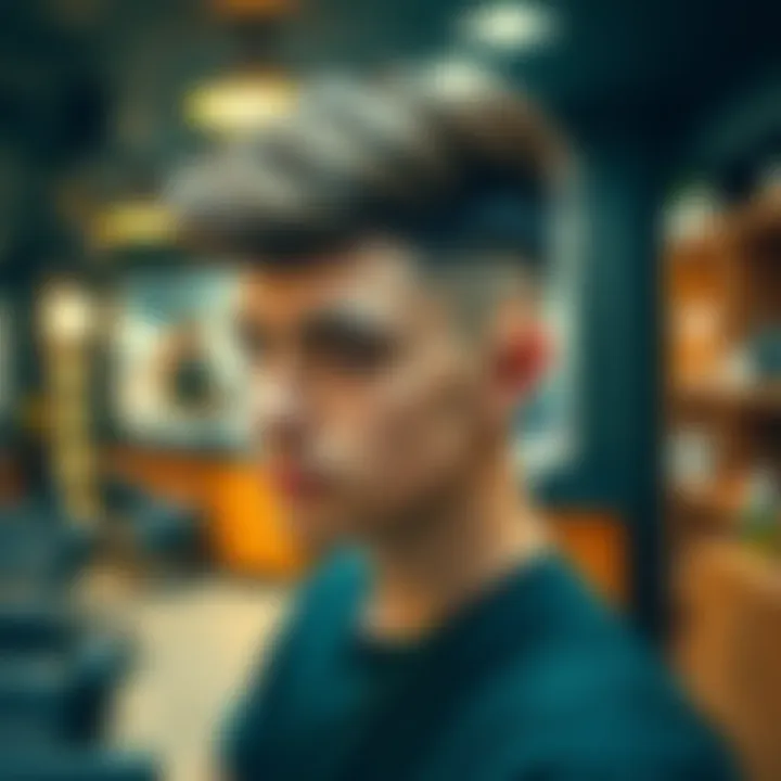 A young man showing off a trendy haircut in a barber shop
