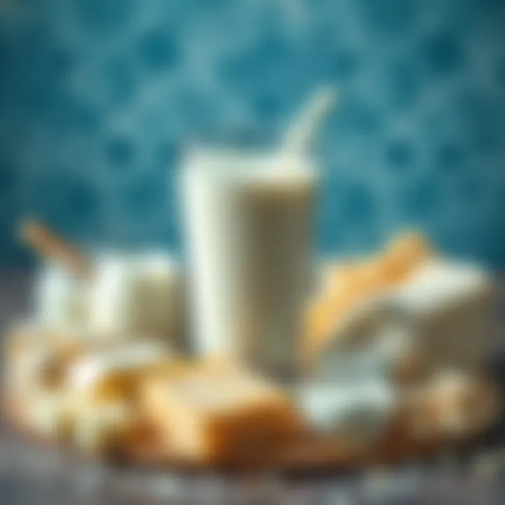 A glass of fresh milk with various dairy products like cheese and yogurt displayed around it