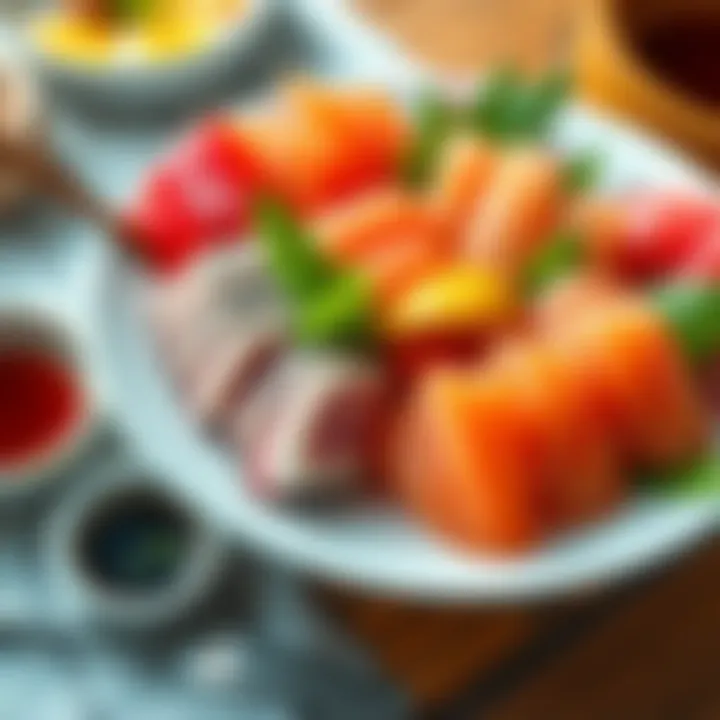 An assortment of colorful sashimi slices arranged elegantly on a white plate with garnishes and soy sauce on the side