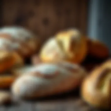 A variety of freshly baked bread loaves on a rustic wooden table, showcasing different shapes and textures, with a warm, inviting atmosphere.